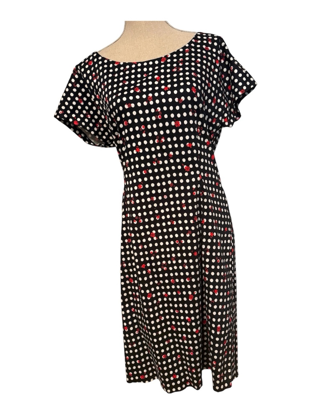 LOVE MOSCHINO ITALY DRESS BLACK WHITE DOT RED ACCENT SIZE 12 IT 48